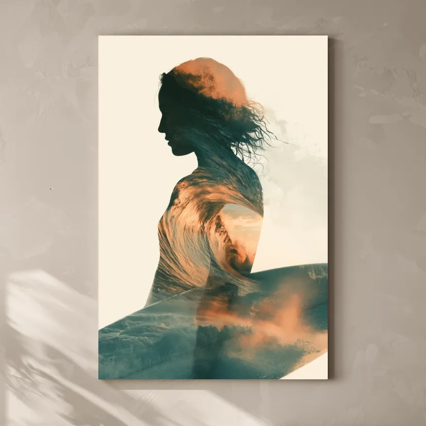 Surreal Female Silhouette Wave Double Exposure - Ocean Illustration Wall Art
