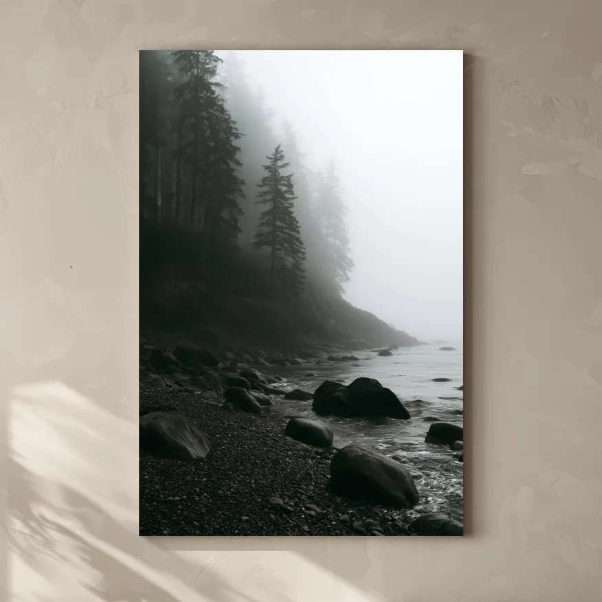 Misty Pebble Beach With Foggy Pines - Photographic Coastal Wall Art