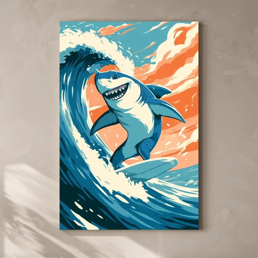 Happy Surfing Shark Vector Illustration - Quirky Marine Life Wall Art