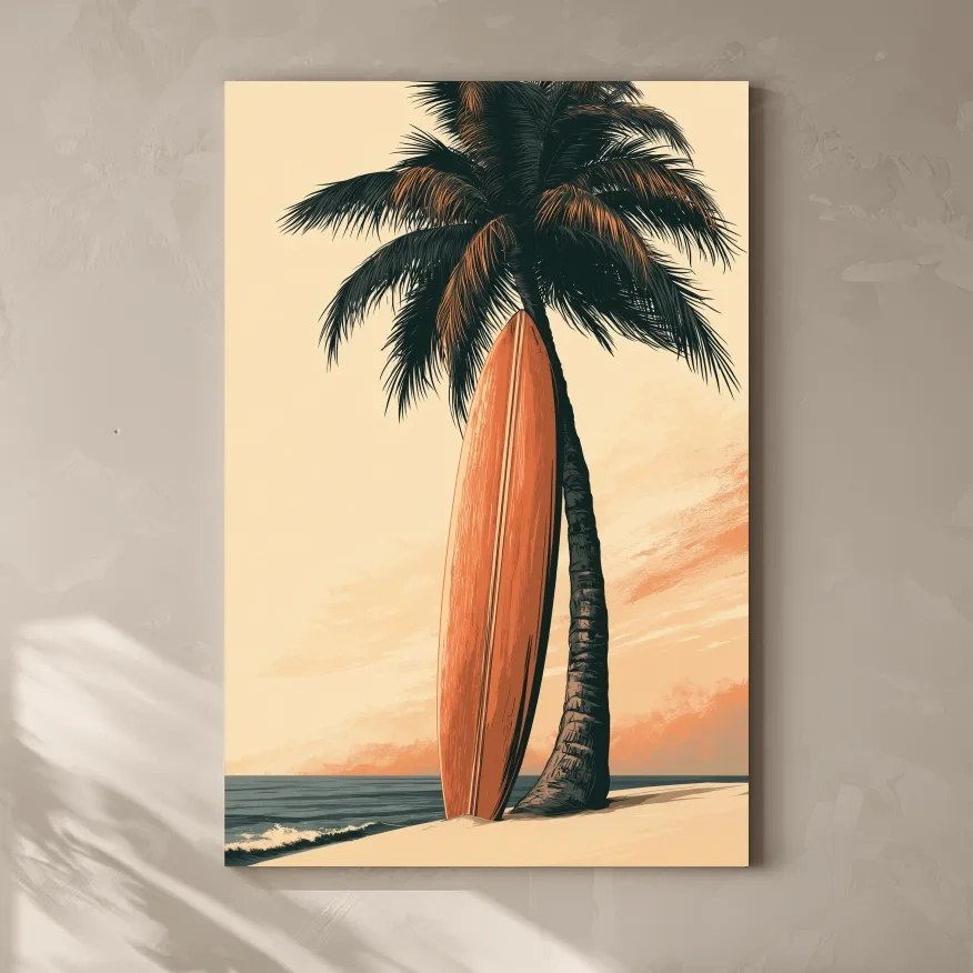 Retro Surfboard Palm Tree Illustration - Boho Tropical Wall Art