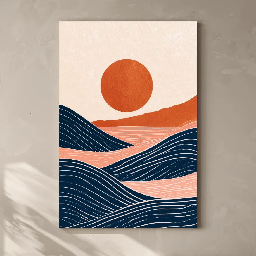 Mid-Century Geometric Ocean Sunrise - Retro Vector Seascape Wall Art