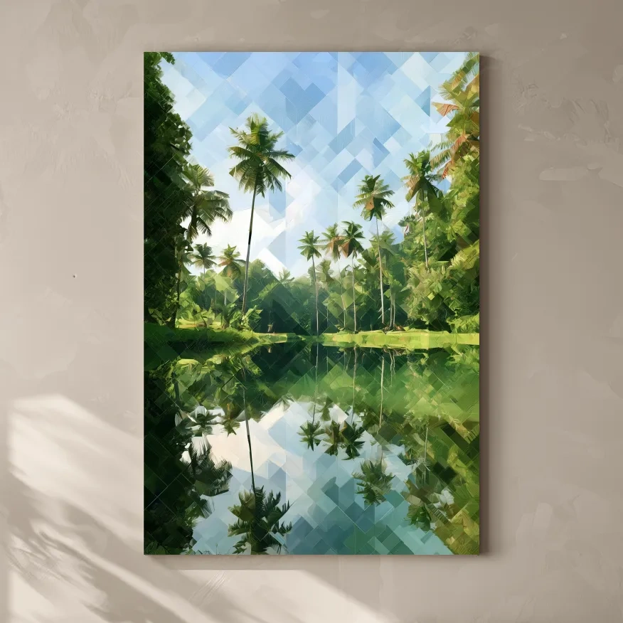 Geometric Tropical Lagoon Palm Reflection - Abstract Landscape Wall Art
