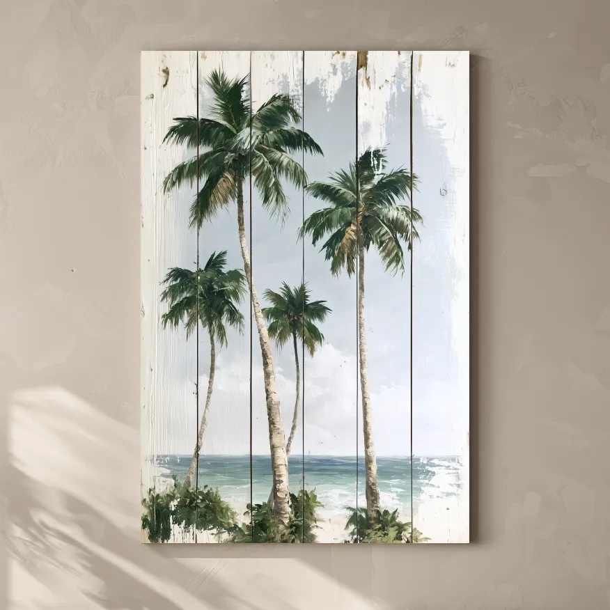 Tropical Palm Trees Beach Painting - Rustic Reclaimed Wood Effect Wall Art