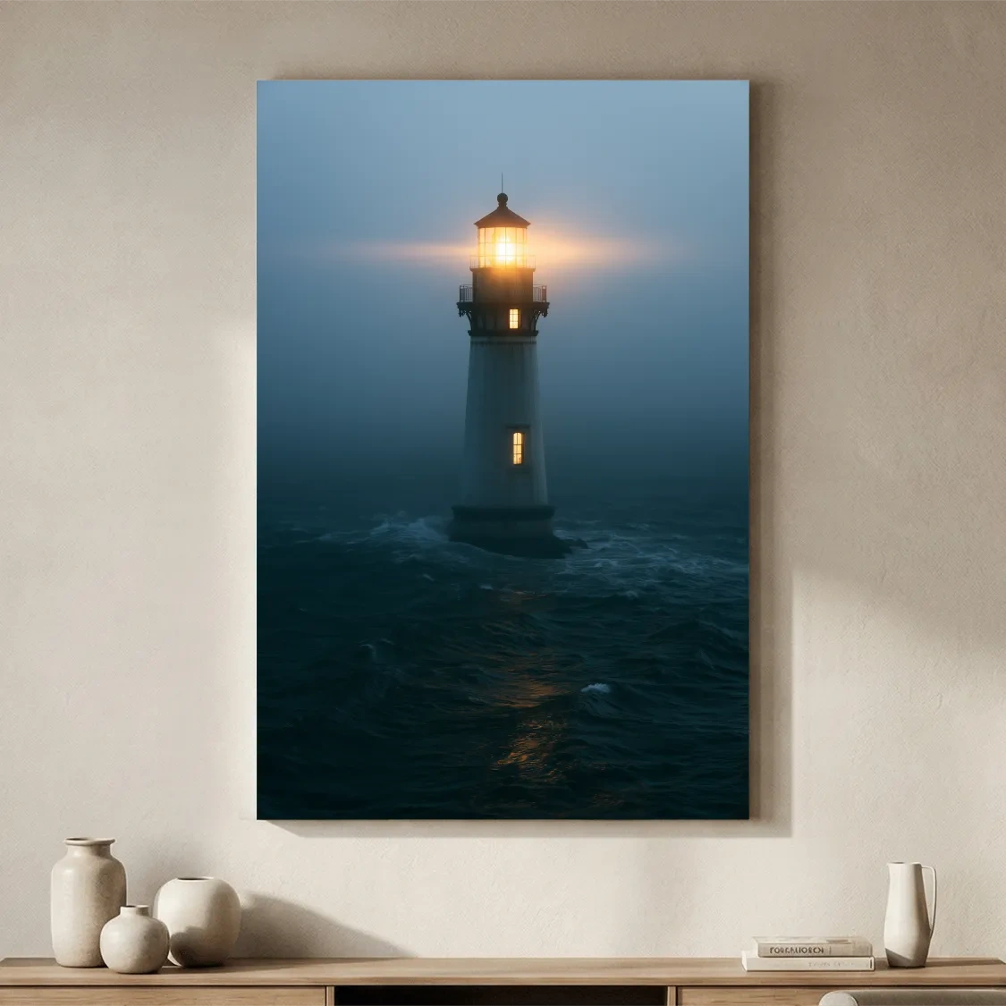 Misty Lighthouse Beacon - Dramatic Ocean Photographic Wall Art