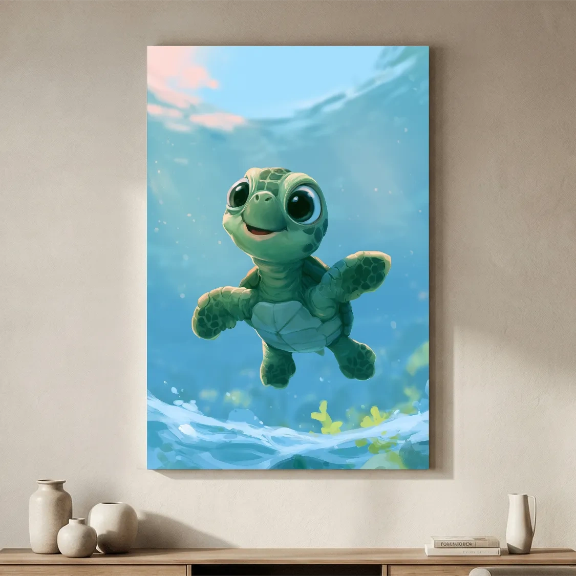 Cute Baby Sea Turtle Painting - Underwater Nursery Marine Life Art