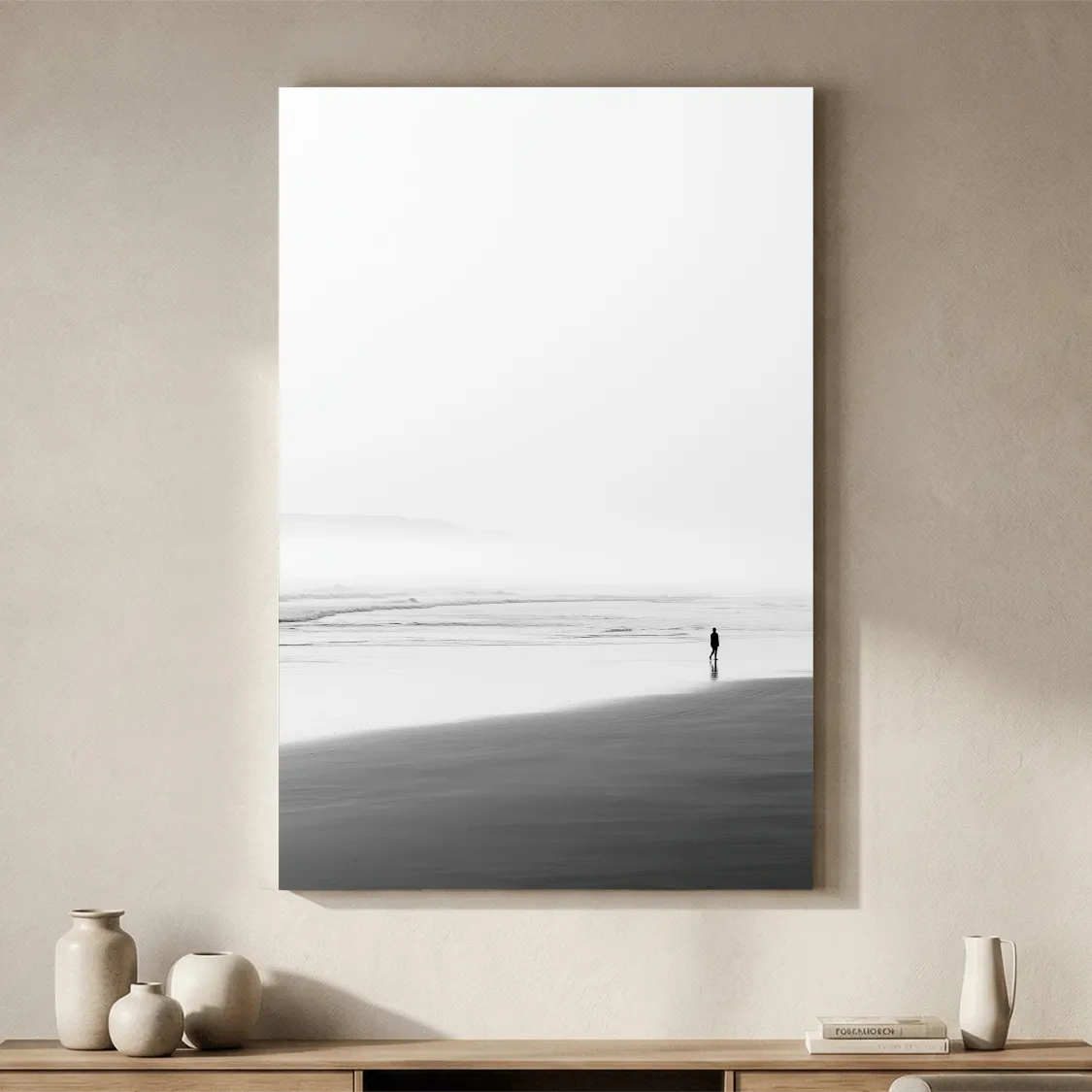 Misty Solitary Beach Walker - Minimalist Seascape Painting Art