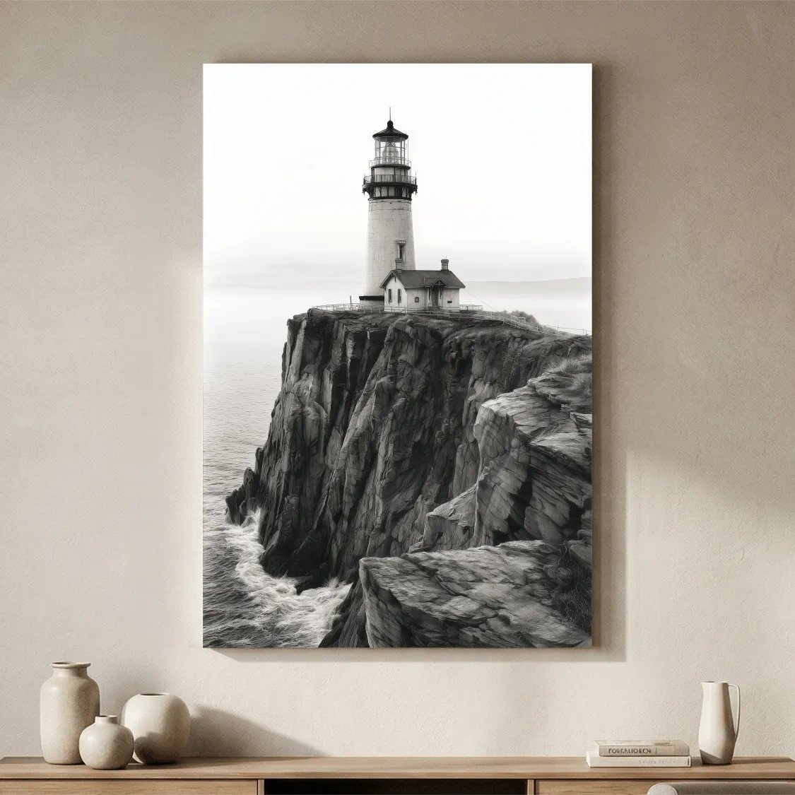 Dramatic Cliffside Lighthouse Drawing - Monochrome Coastal Wall Art
