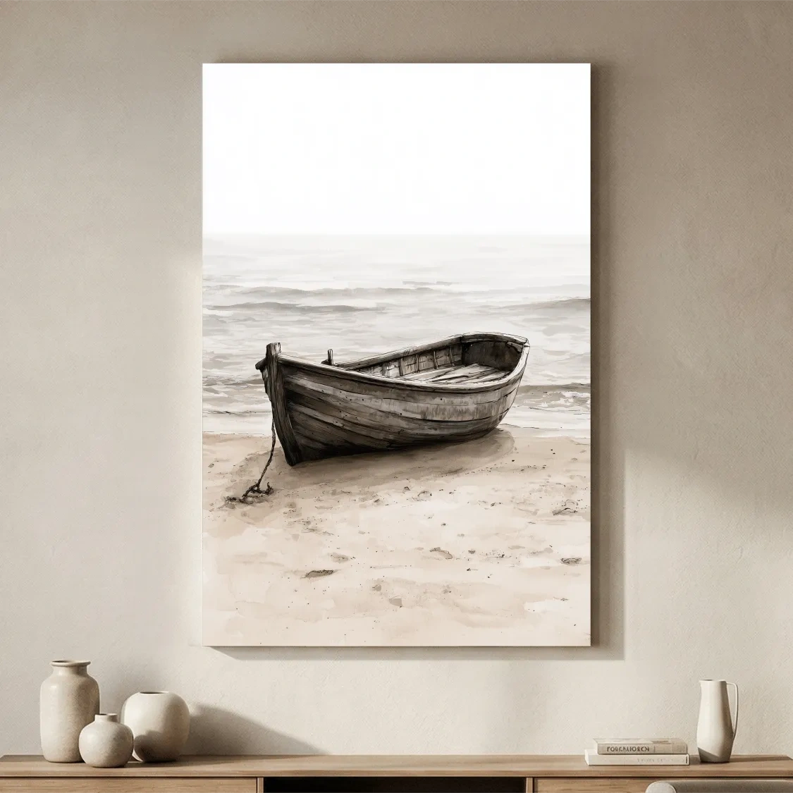 Misty Weathered Rowboat - Minimalist Watercolour Beach Wall Art