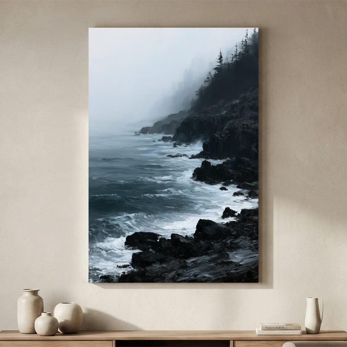 Misty Rocky Coastline Painting - Dramatic Ocean Landscape Art