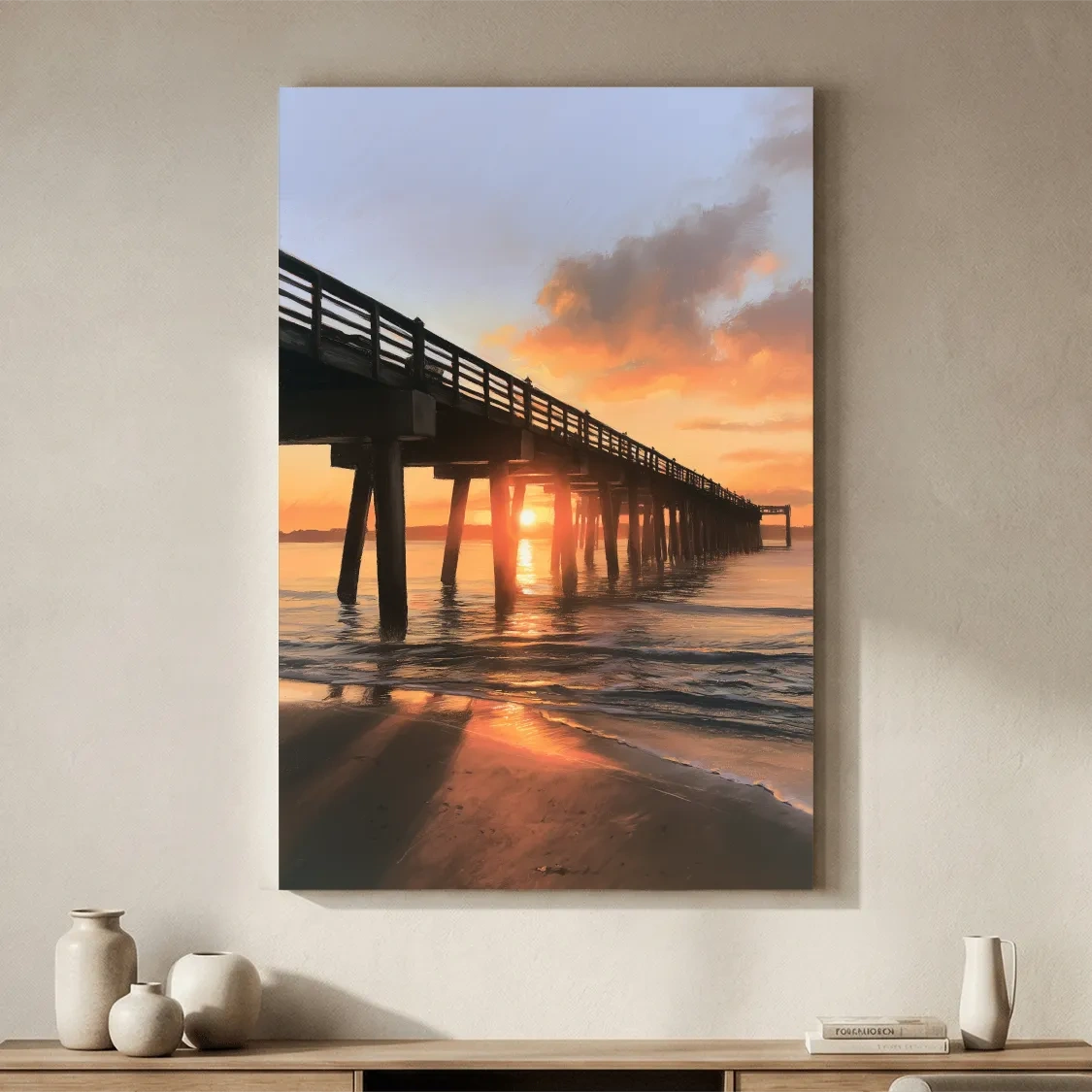 Nostalgic Golden Hour Pier Painting - Beach Sunset Wall Art
