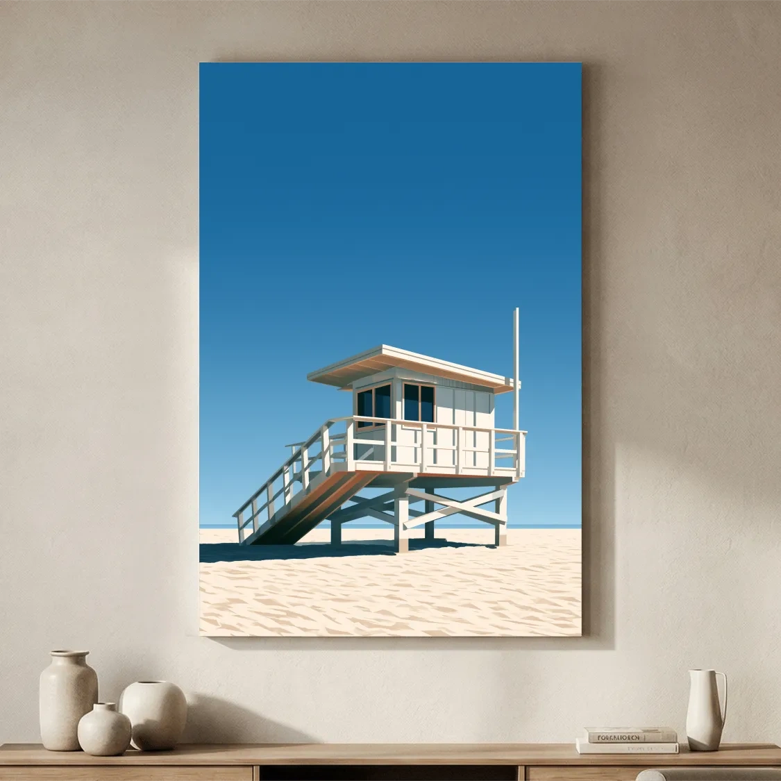 Mid-Century Beach Lifeguard Tower - Minimalist Vector Wall Art