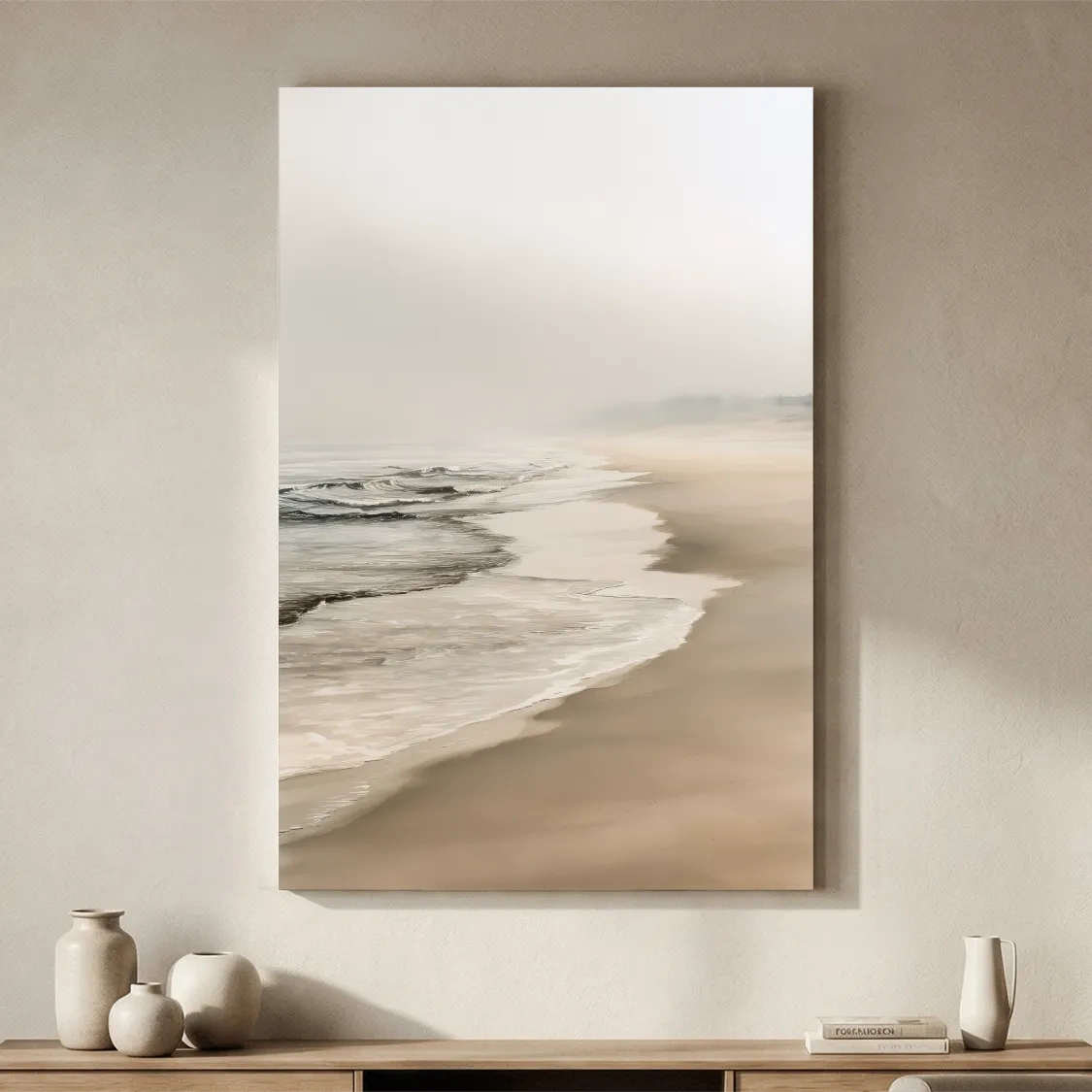 Misty Beach Shoreline Watercolour - Minimalist Boho Wall Art