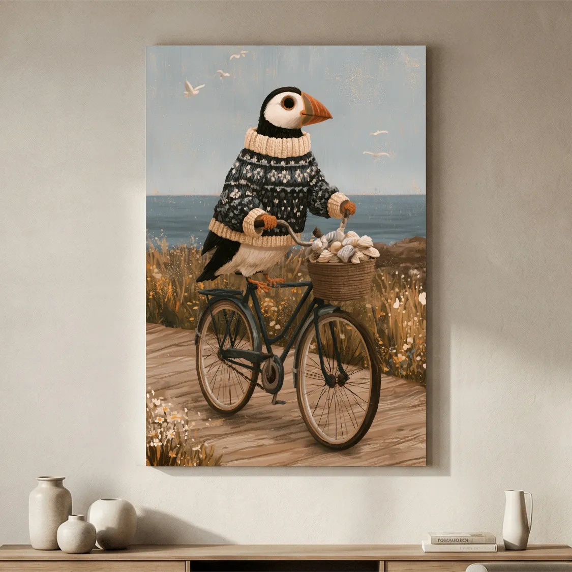 Whimsical Puffin Bicycle Painting - Scandinavian Coastal Wall Art