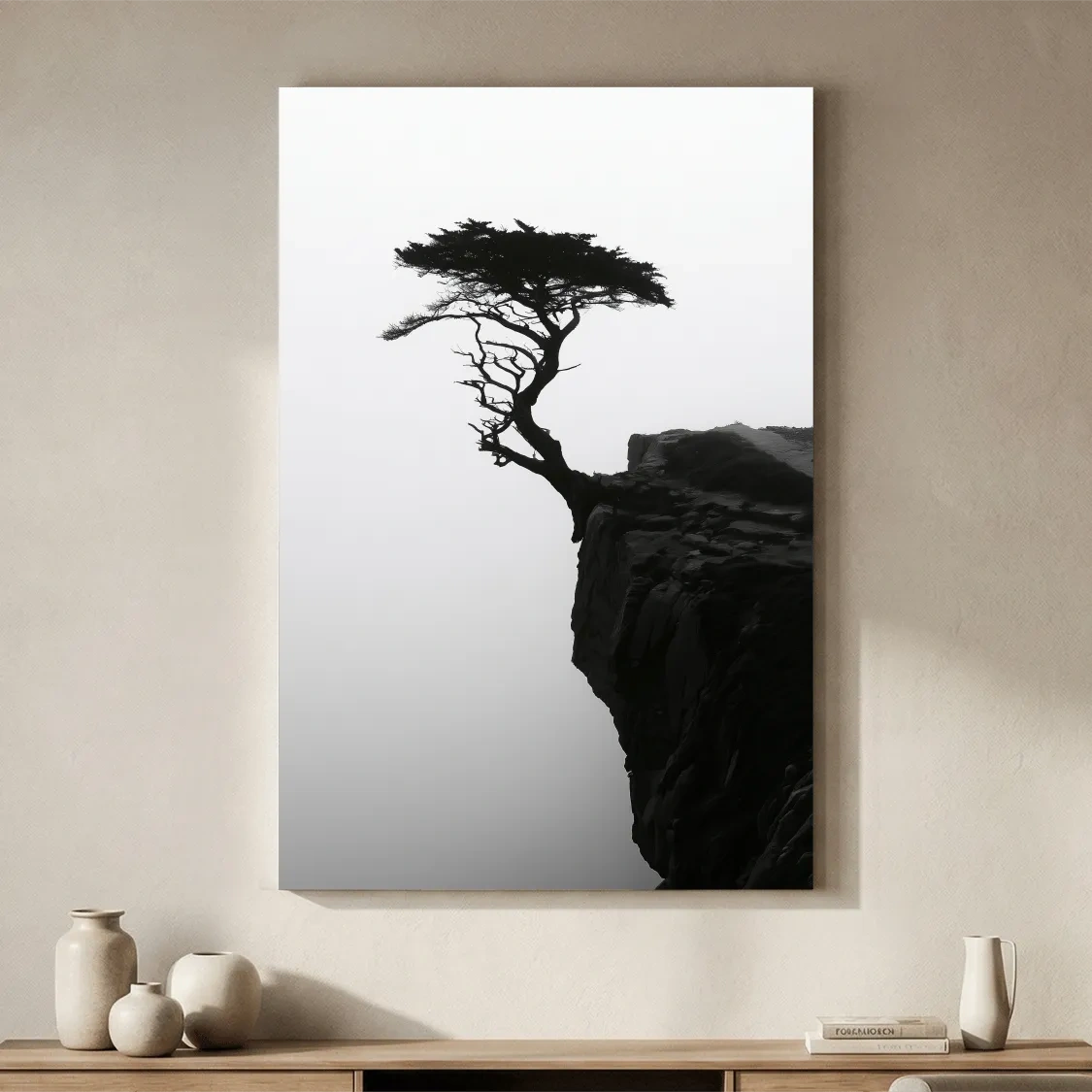 Misty Cypress Silhouette Cliff - Minimalist Photographic Wall Art
