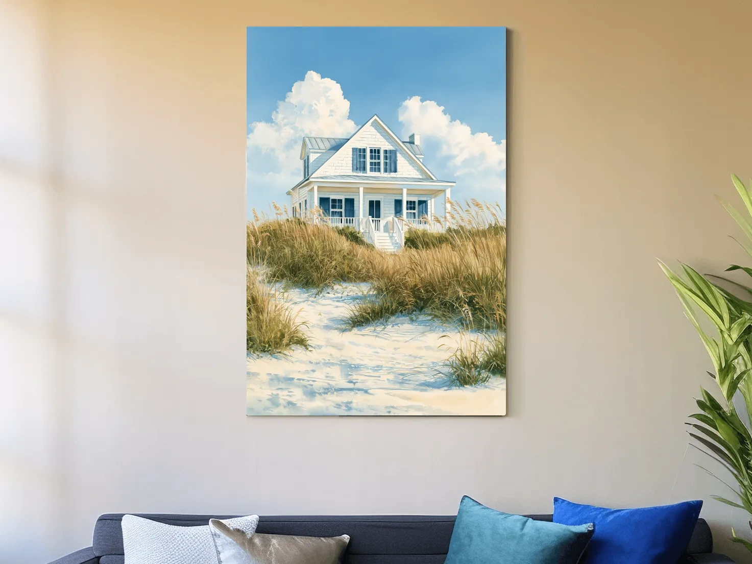 Serene Beach Cottage Painting - Coastal Dune Wall Art