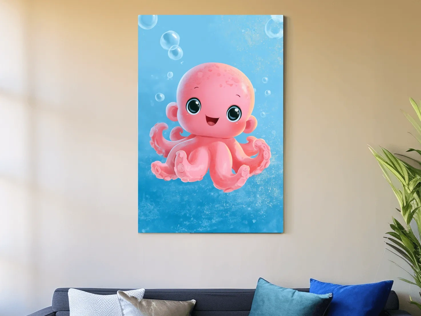 Cute Baby Octopus Underwater Illustration - Whimsical Nursery Marine Life Art