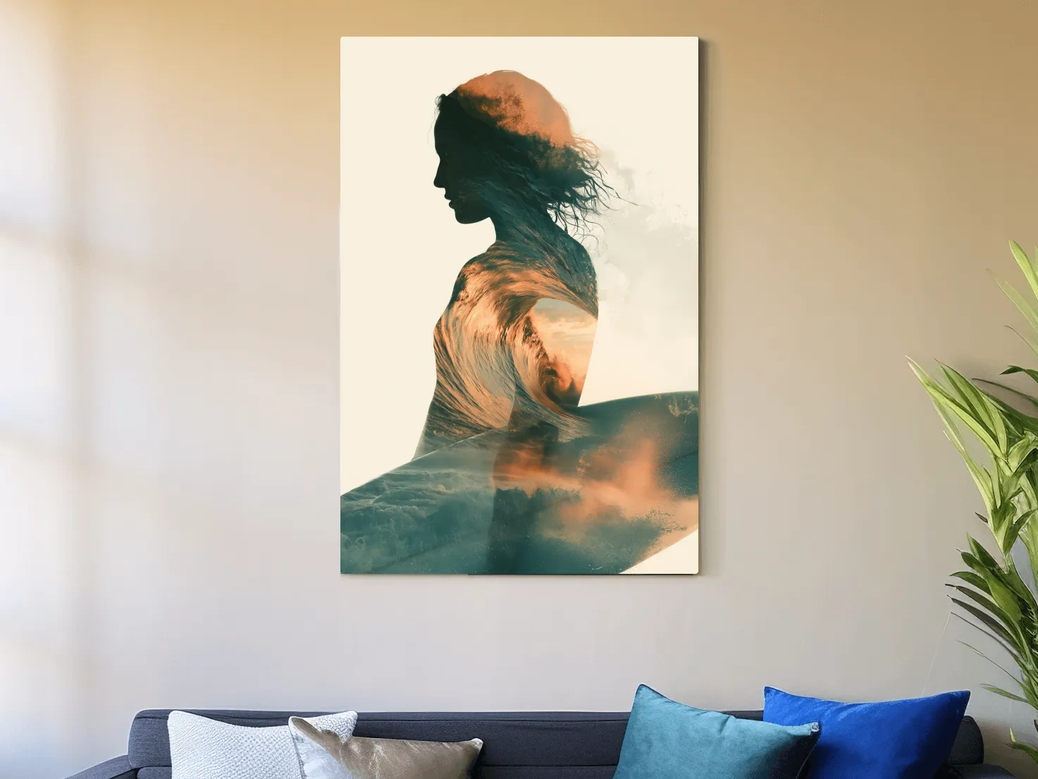 Surreal Female Silhouette Wave Double Exposure - Ocean Illustration Wall Art