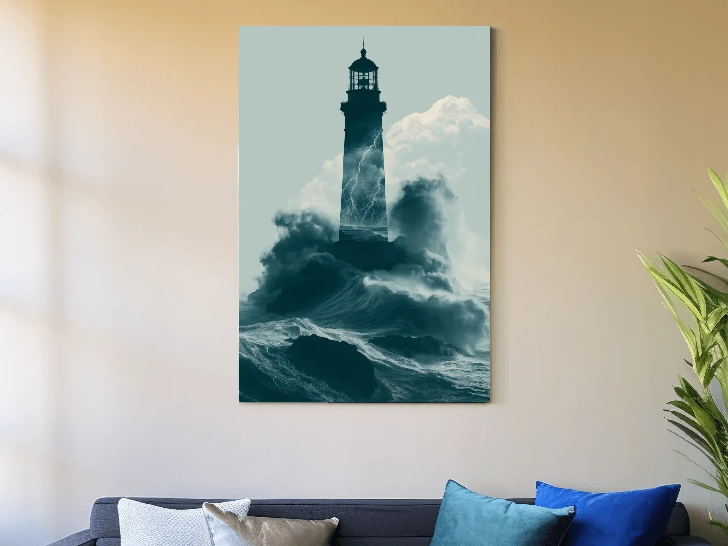 Surreal Storm Lighthouse Double Exposure - Dramatic Ocean Illustration Wall Art