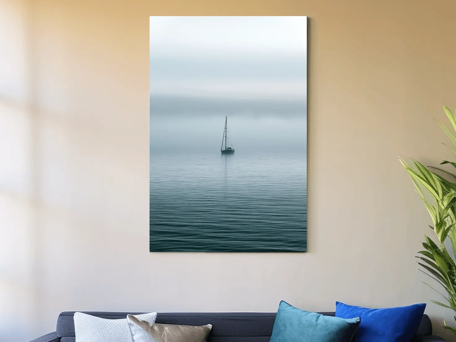 Misty Sailboat Horizon - Minimalist Photographic Ocean Wall Art