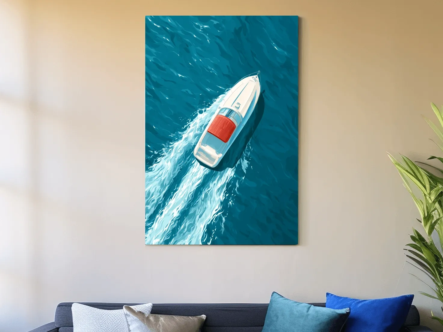 Aerial Speedboat Illustration - Mid-Century Ocean Wall Art