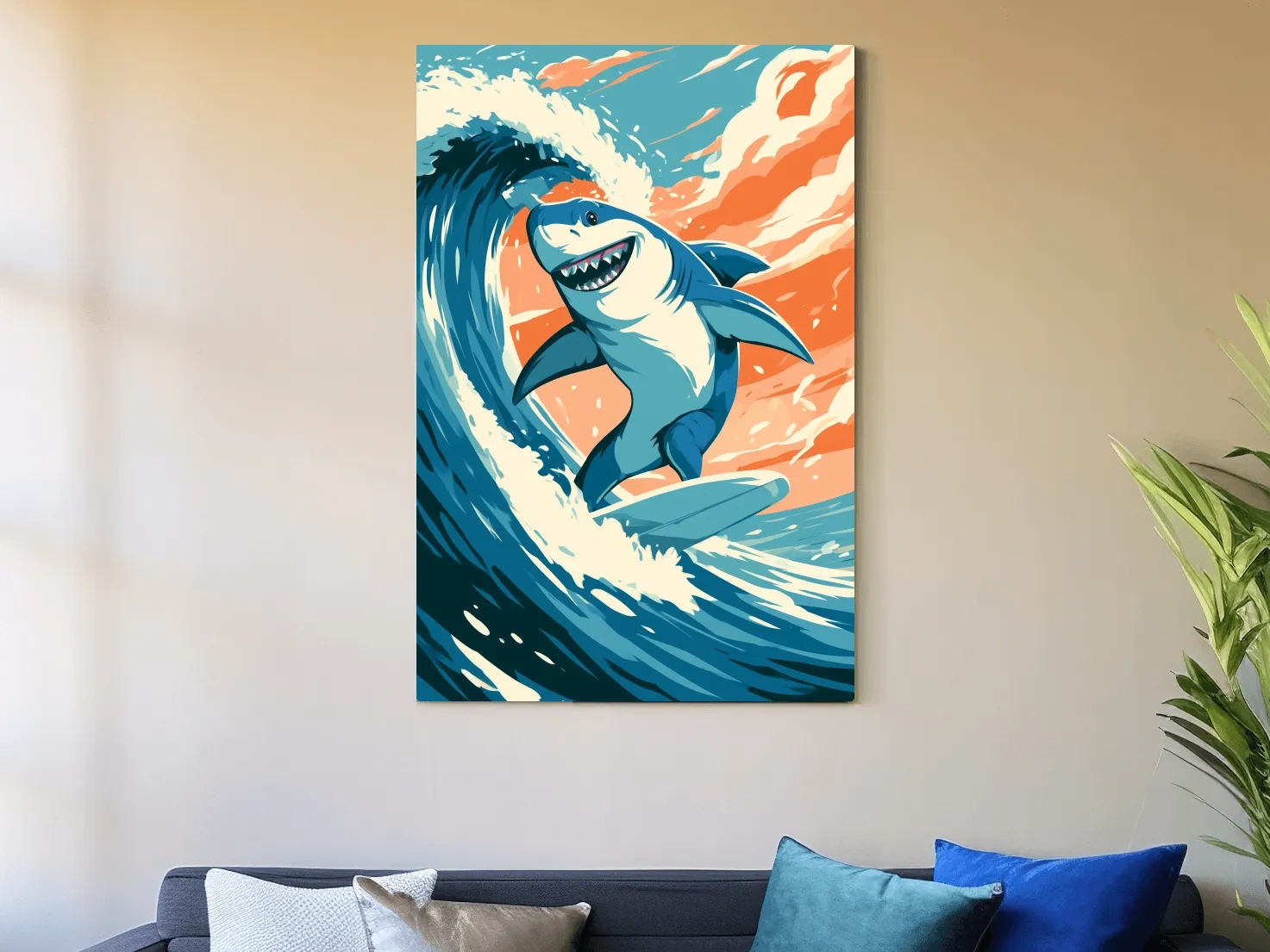 Happy Surfing Shark Vector Illustration - Quirky Marine Life Wall Art