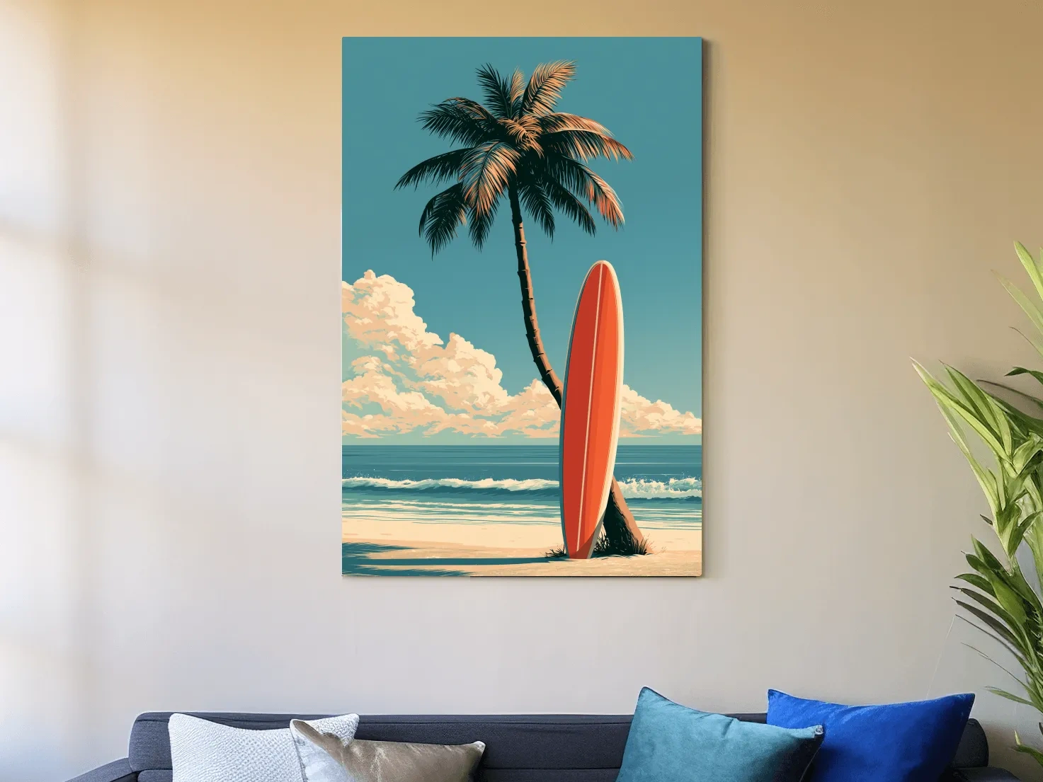 Vintage Surfboard on Palm Beach - Retro Coastal Wall Art