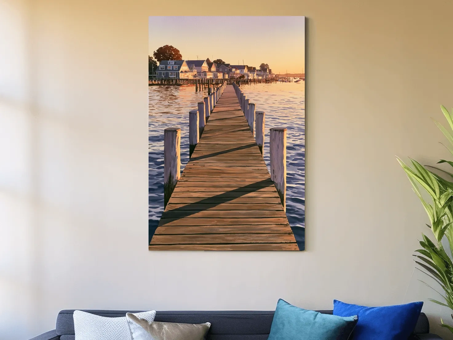 Golden Sunset Pier Village - Serene Nautical Waterfront Wall Art