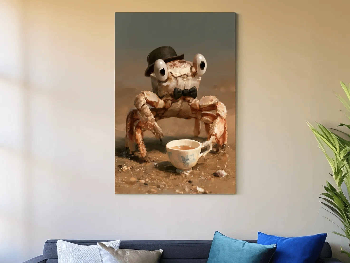 Whimsical Dapper Crab Tea Party - Folk Art Painting Wall Art