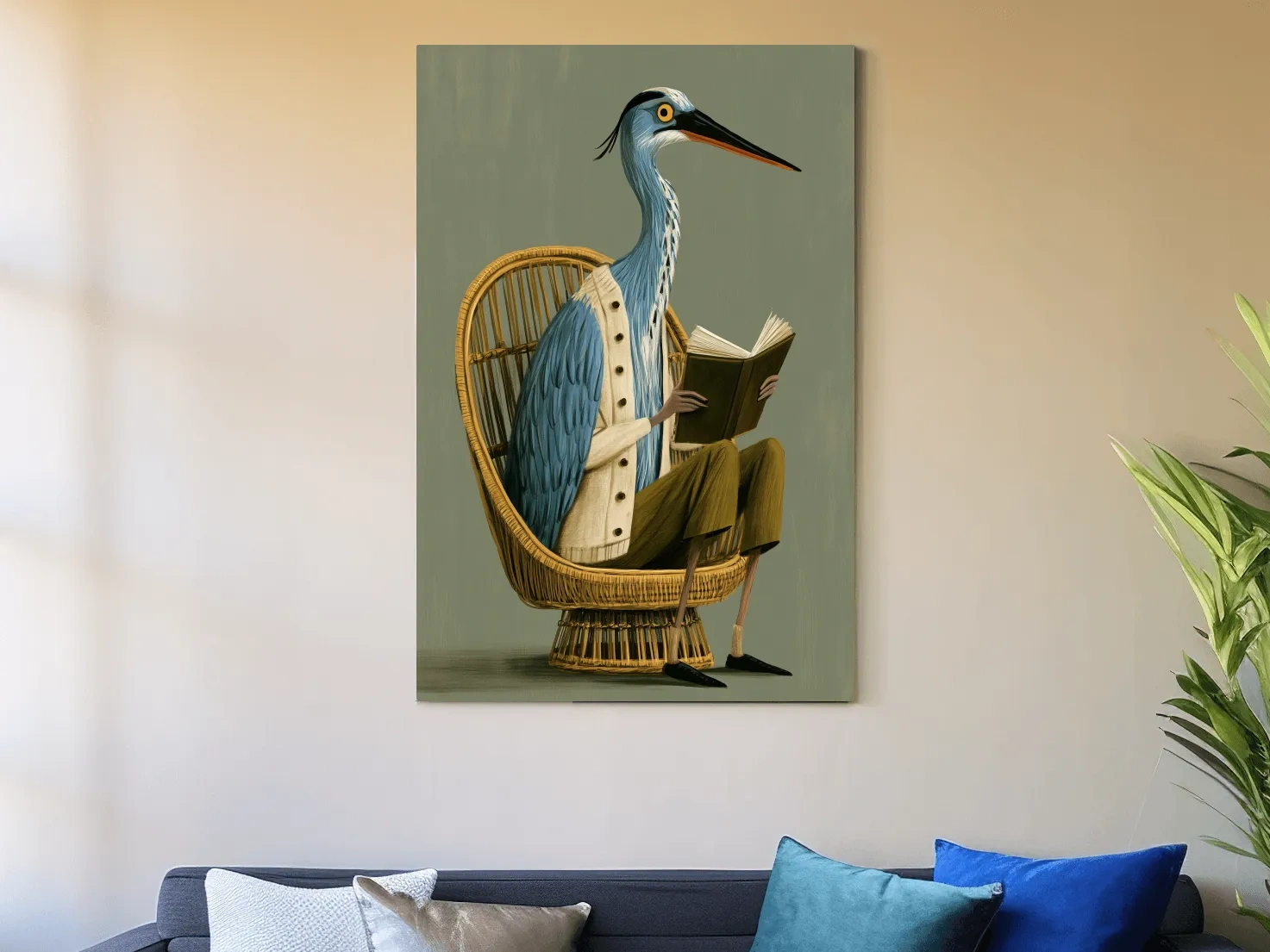 Whimsical Scandi Heron Reading Painting - Folk Art Bird Wall Art
