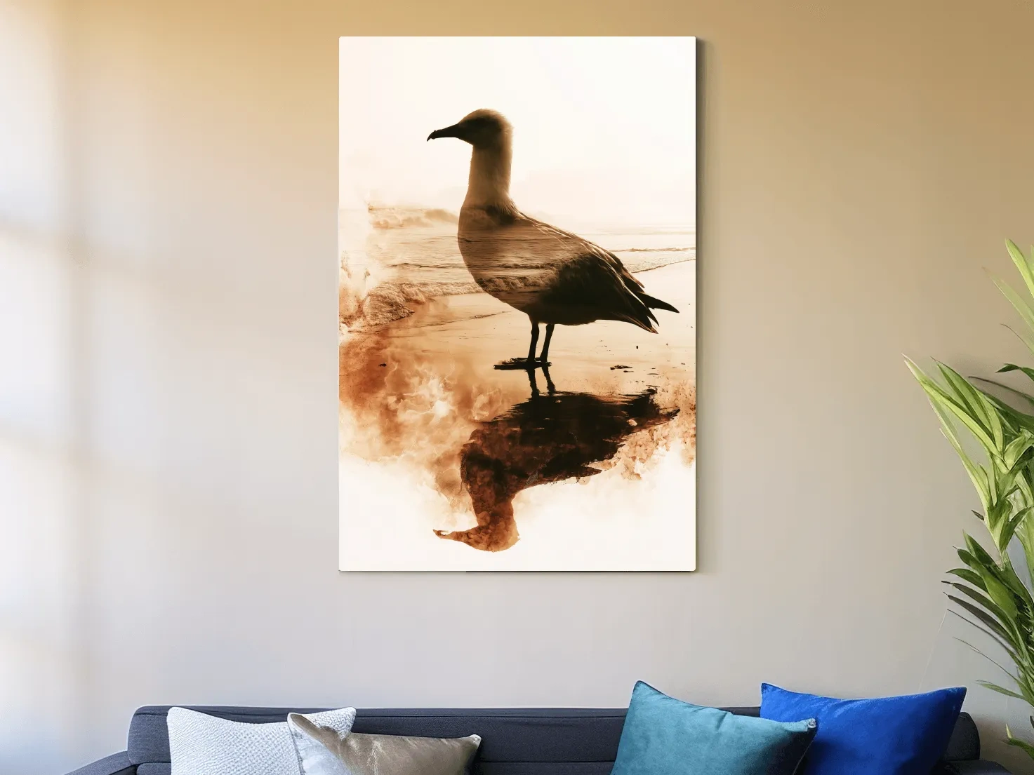 Seagull Double Exposure Beach Silhouette - Minimalist Photographic Wall Art