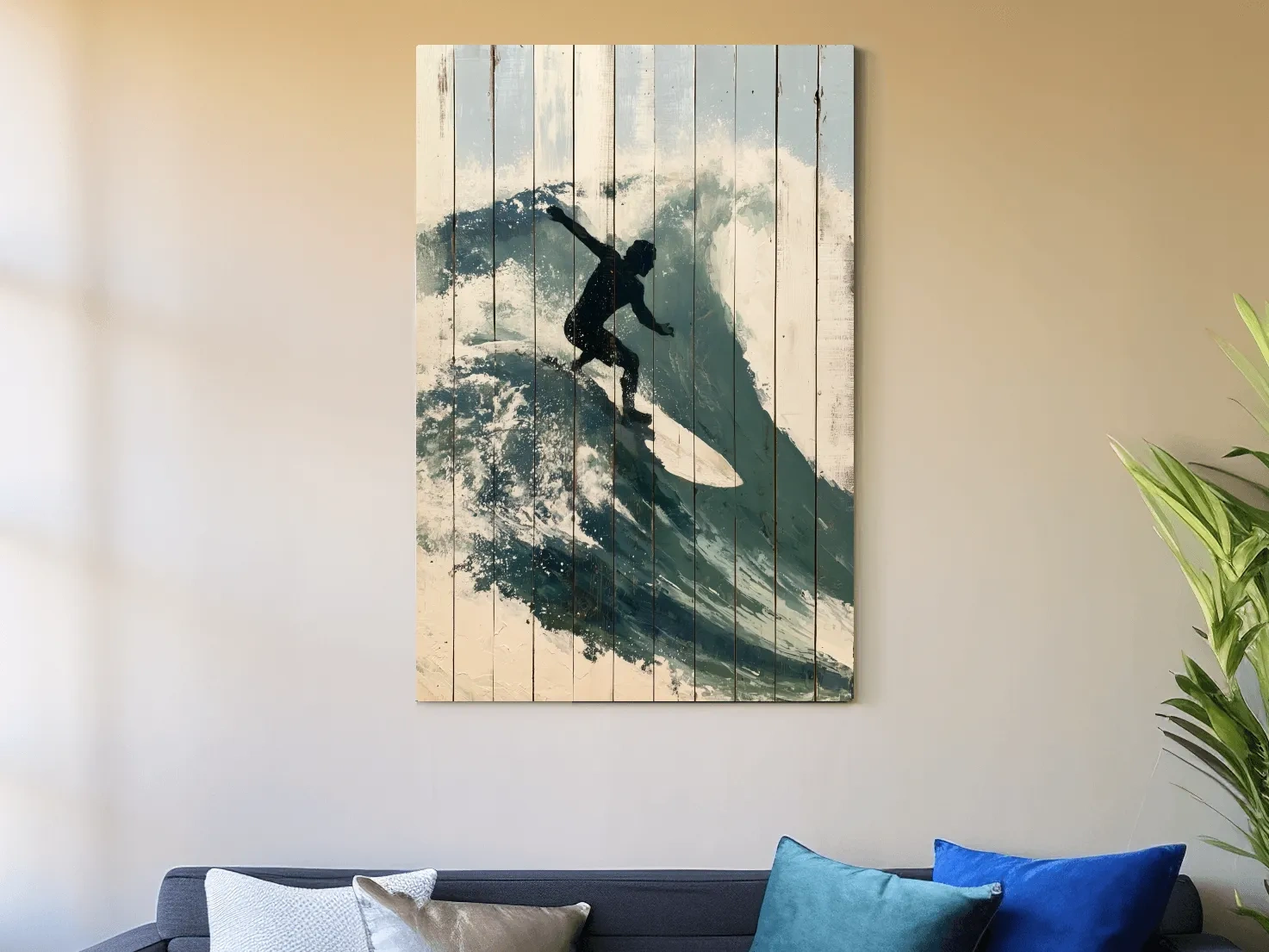Surfer Silhouette Riding Wave Painting - Rustic Coastal Wall Art