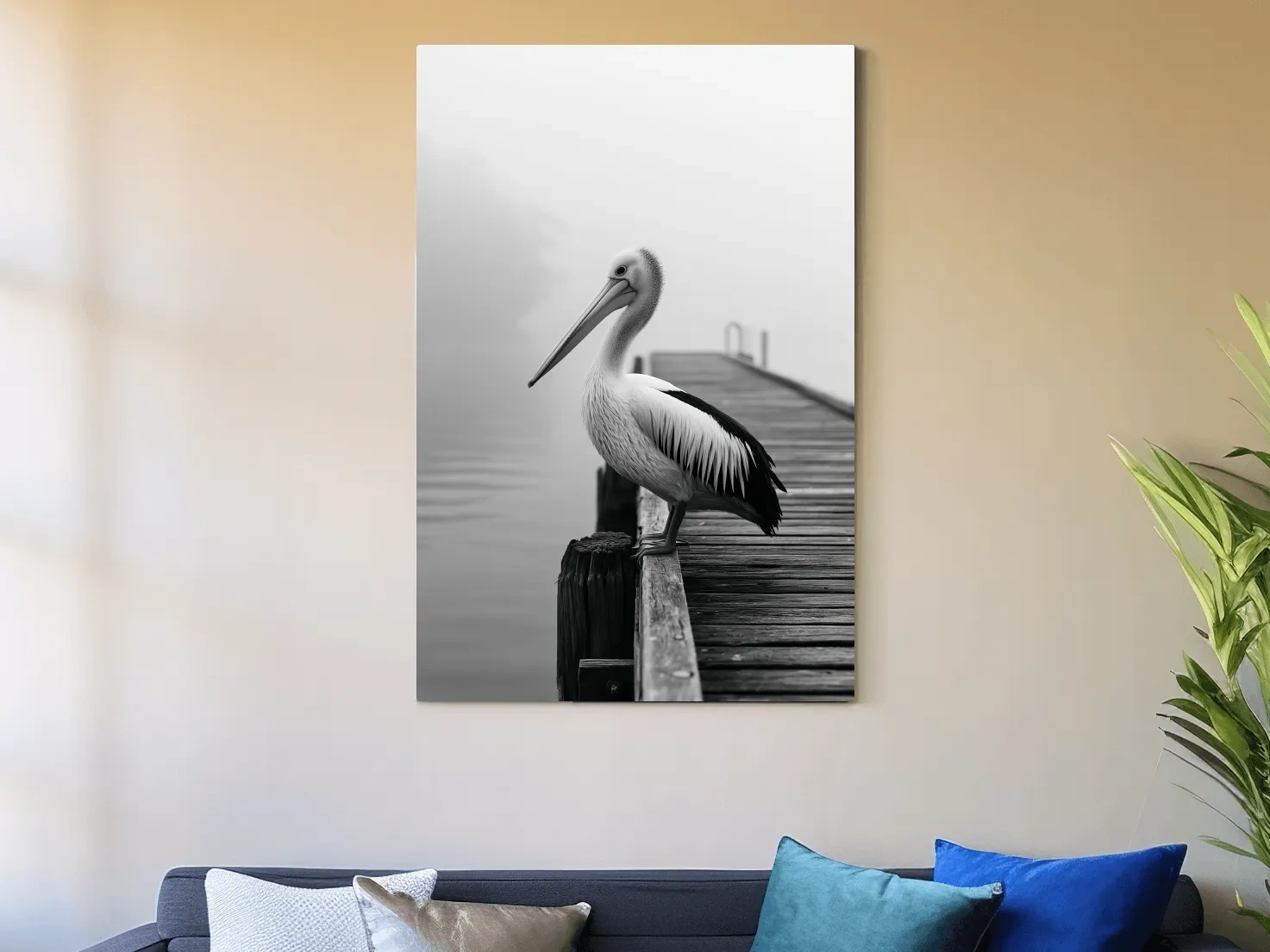 Minimalist Pelican On Pier - Photographic Wall Art