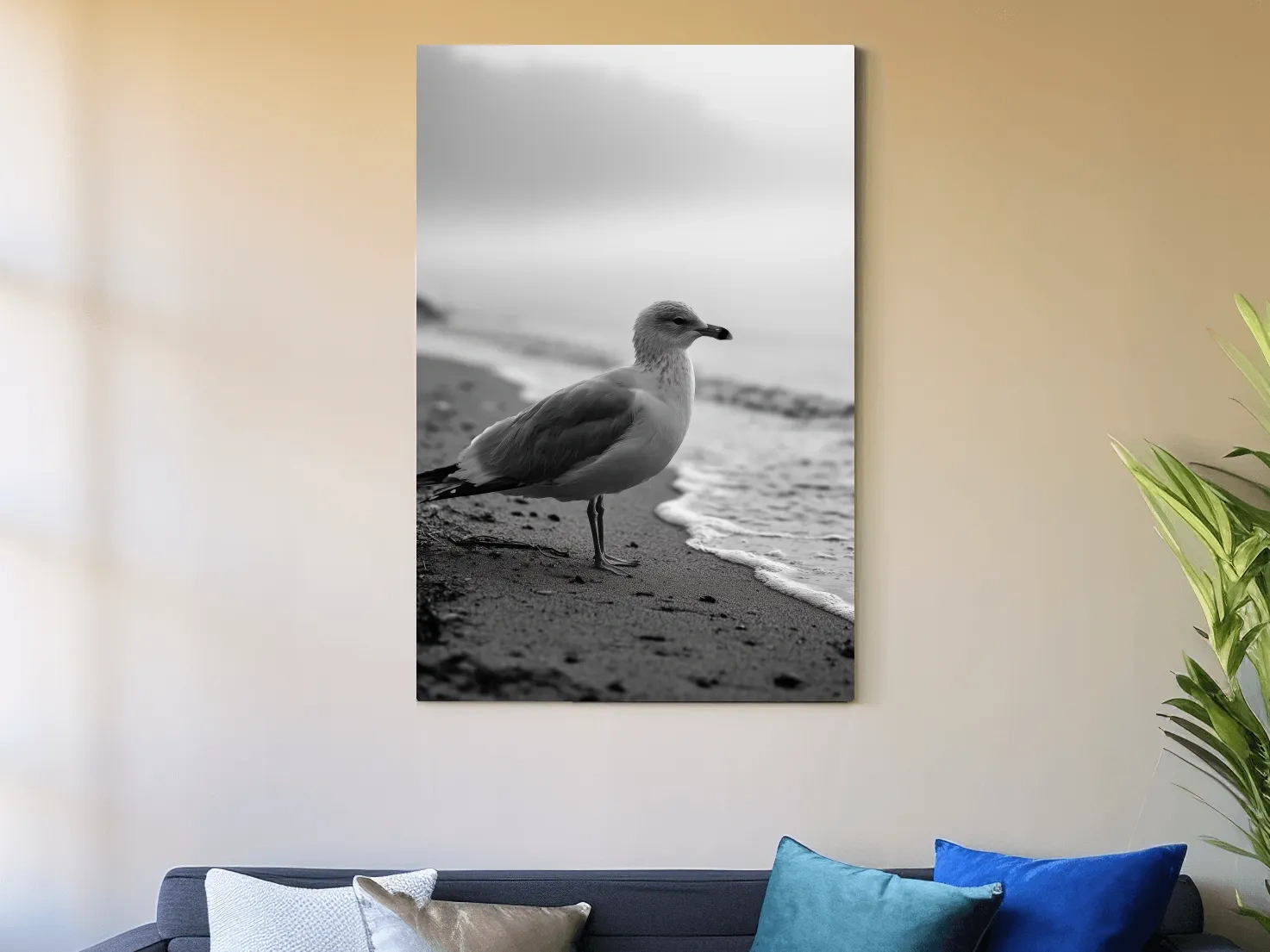 Misty Seagull Beach Scene - Minimalist Photographic Wall Art