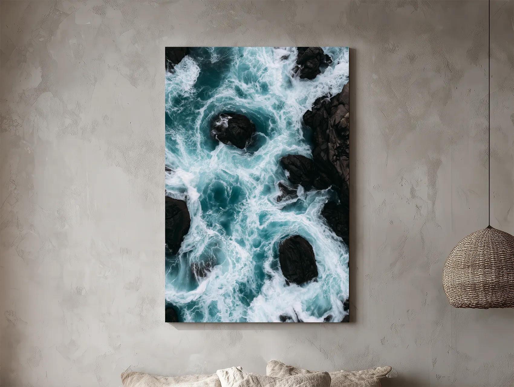 Aerial Crashing Waves Over Rocky Shore - Dramatic Photographic Wall Art