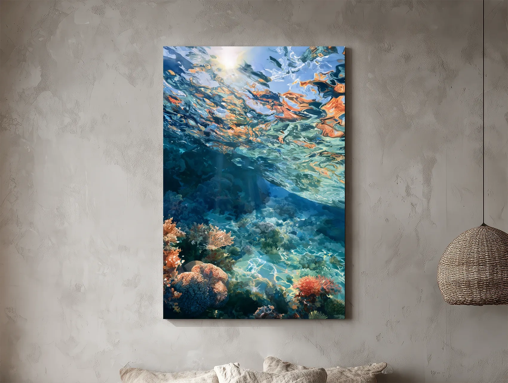 Sunlit Underwater Coral Reef Painting - Vibrant Marine Wall Art