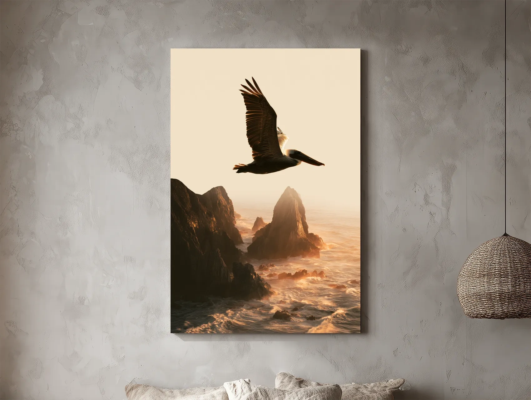Golden Hour Pelican Flight - Dramatic Coastal Cliff Photographic Wall Art