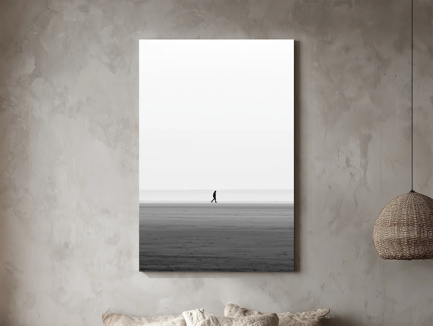 Minimalist Lone Walker Beach Painting - Misty Shoreline Wall Art