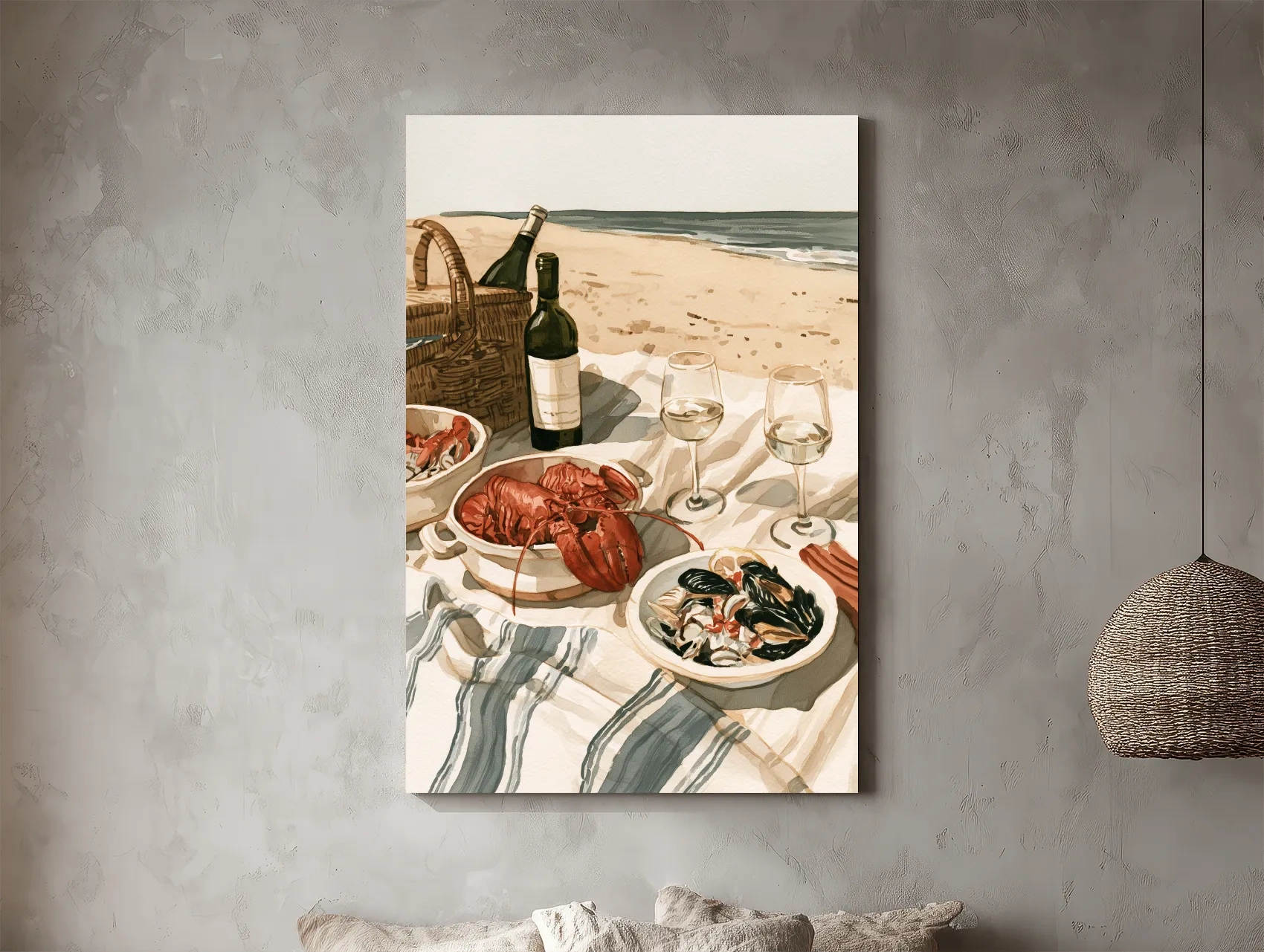 Coastal Lobster Picnic Artwork - Watercolor Beach Wall Art