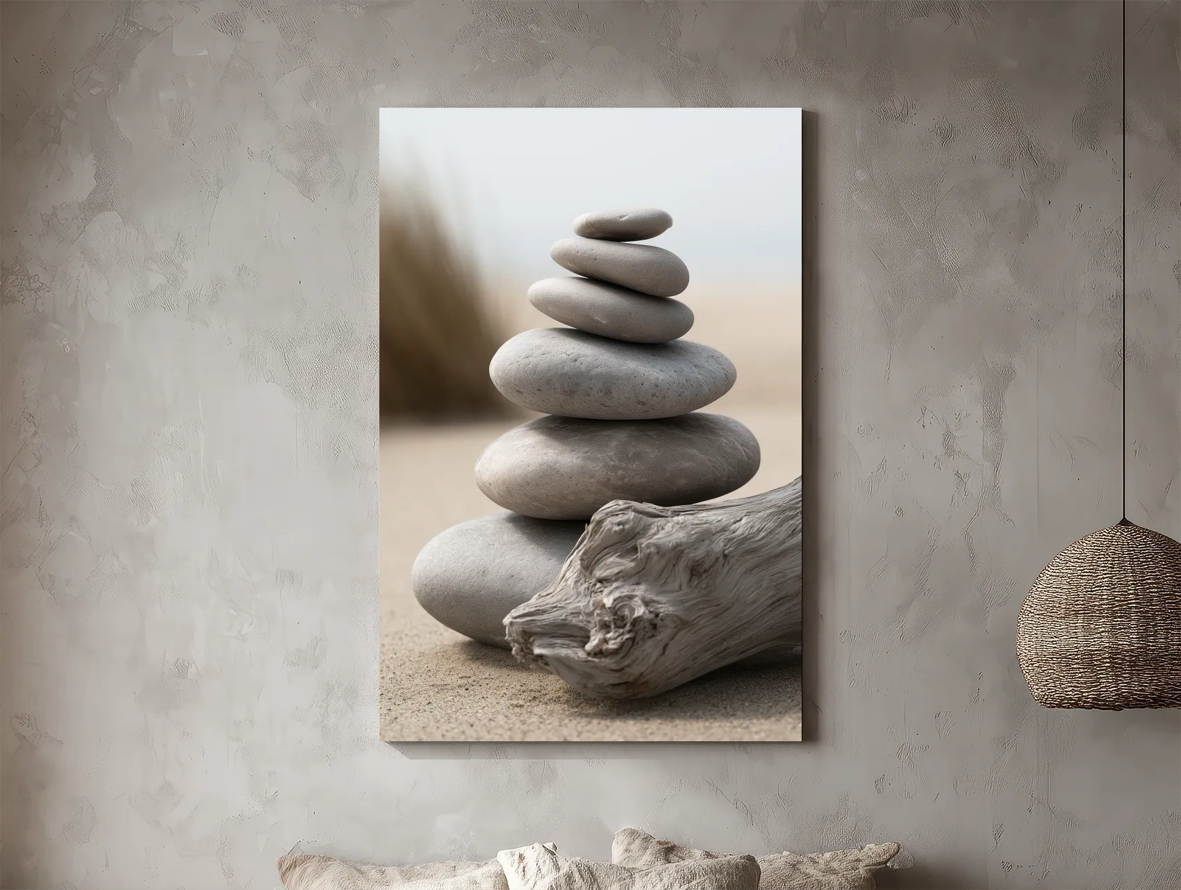 Balanced Pebble Stack With Driftwood - Minimalist Photographic Coastal Wall Art