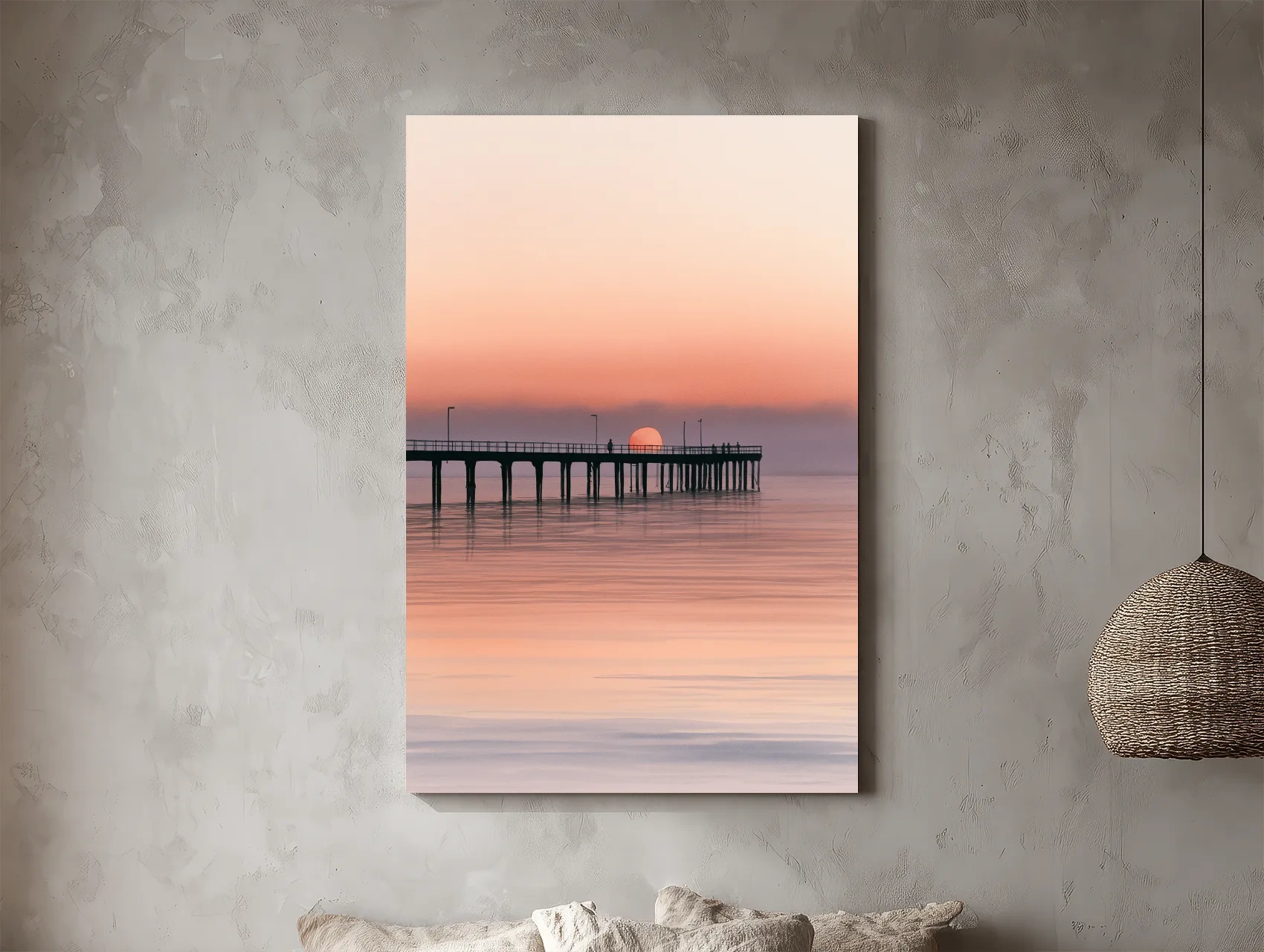 Sunset Pier Silhouette Watercolour - Tranquil Ocean Horizon Wall Art