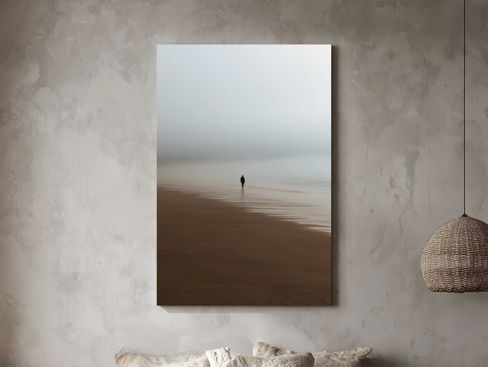 Misty Solitary Figure Beachscape - Minimalist Photographic Wall Art