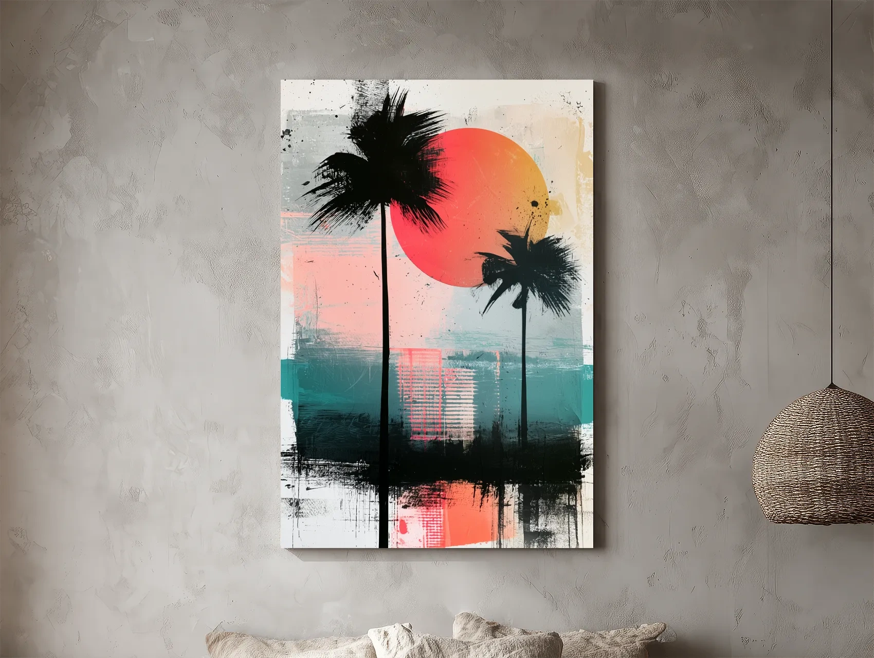 Abstract Tropical Palm Sunset Painting - Modern Paradise Wall Art