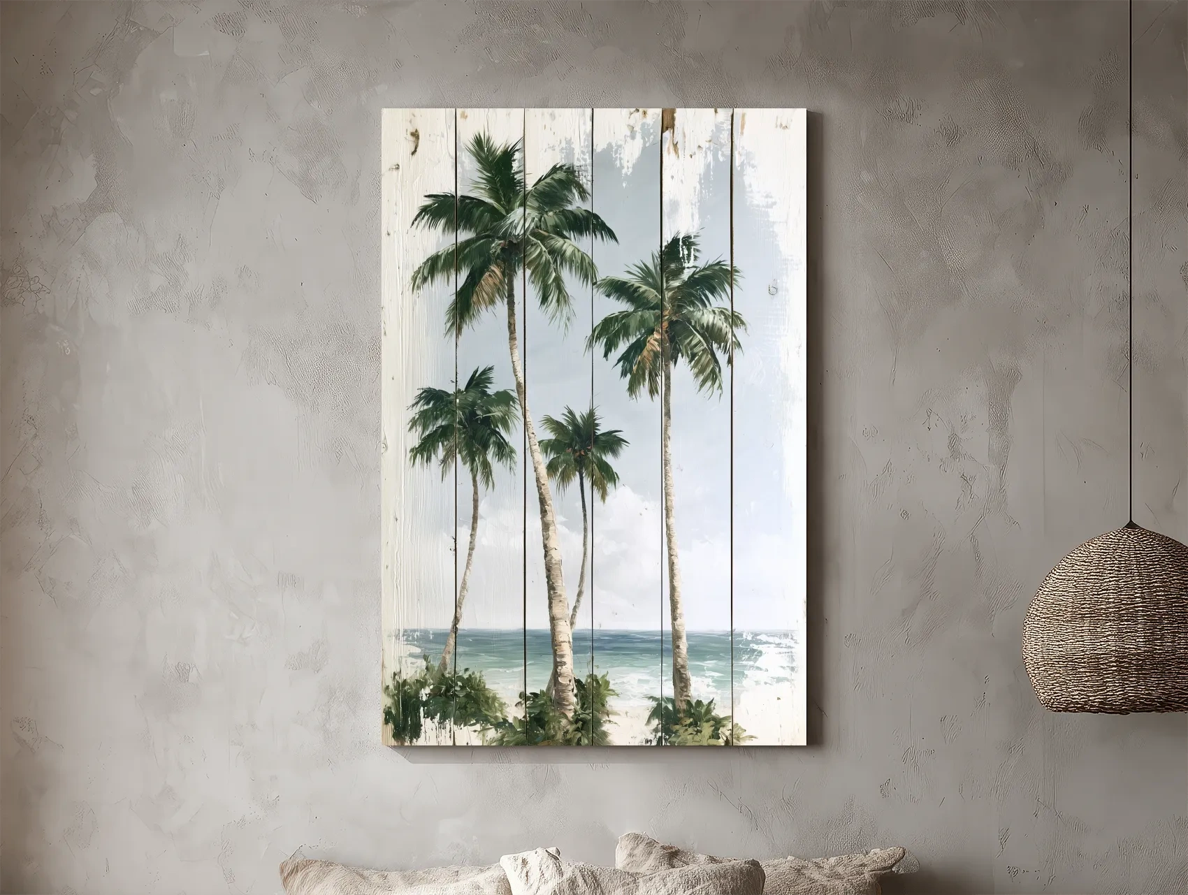 Tropical Palm Trees Beach Painting - Rustic Reclaimed Wood Effect Wall Art