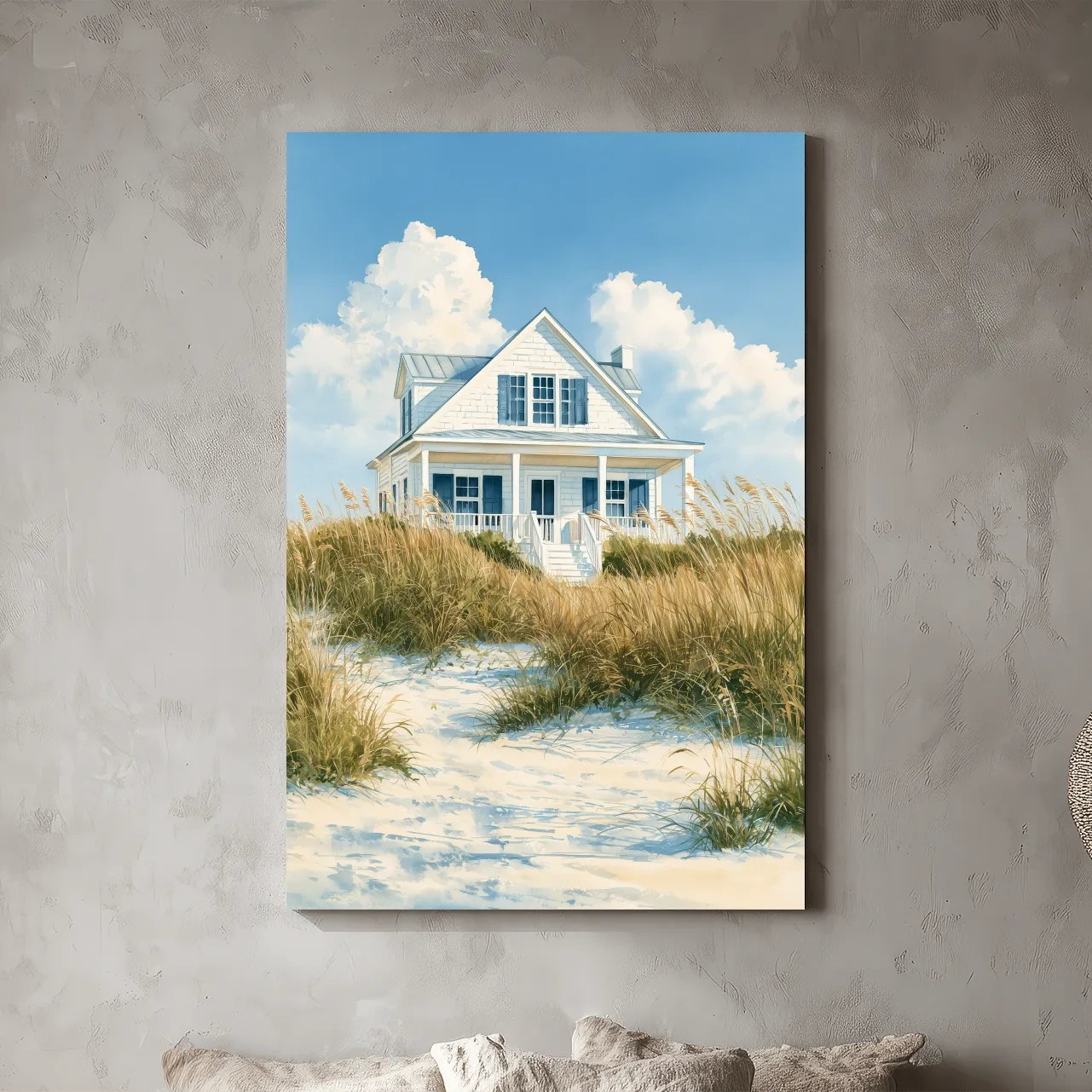 Serene Beach Cottage Painting - Coastal Dune Wall Art