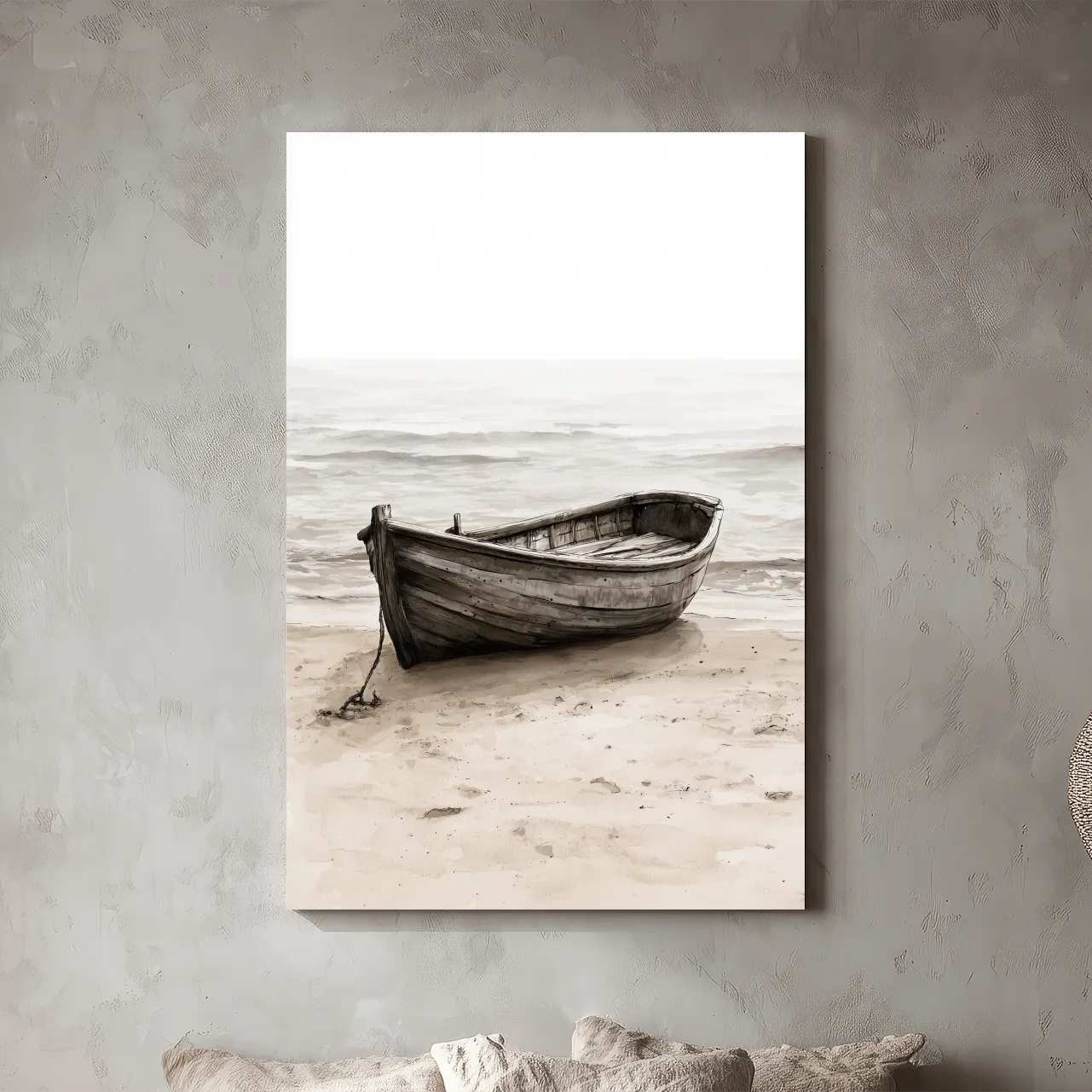 Misty Weathered Rowboat - Minimalist Watercolour Beach Wall Art