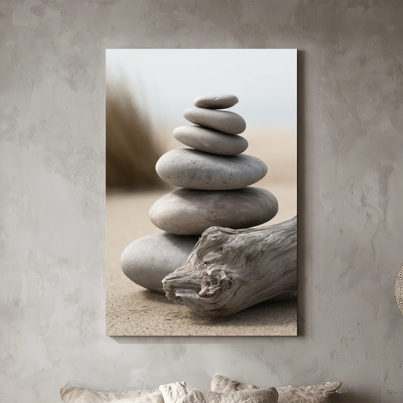 Balanced Pebble Stack With Driftwood - Minimalist Photographic Coastal Wall Art