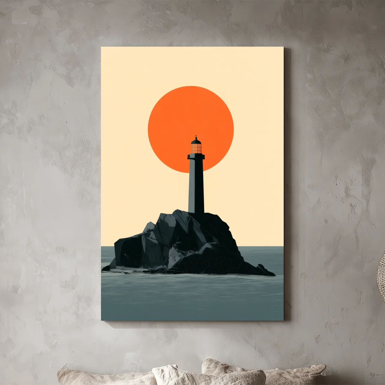 Mid-Century Lighthouse Sunset Illustration - Geometric Coastal Wall Art
