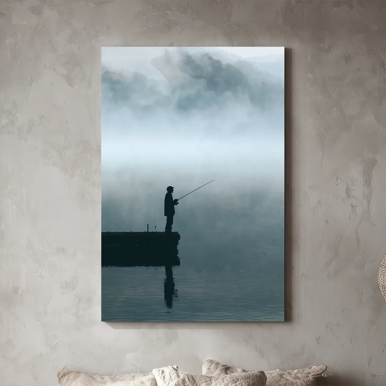 Misty Fisherman Silhouette - Minimalist Photographic Lake Wall Art