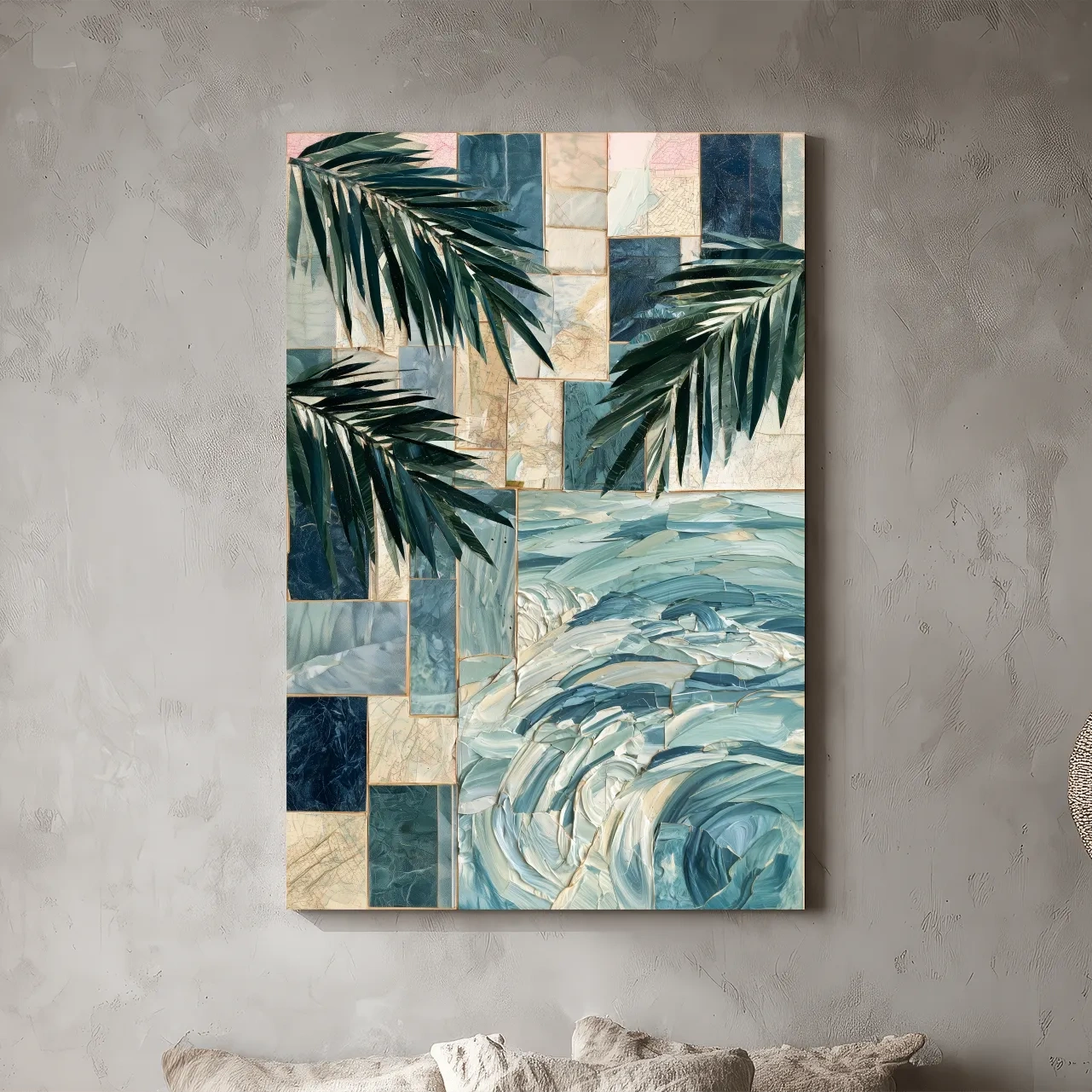 Tropical Palm Frond Collage - Mixed Media Coastal Wall Art