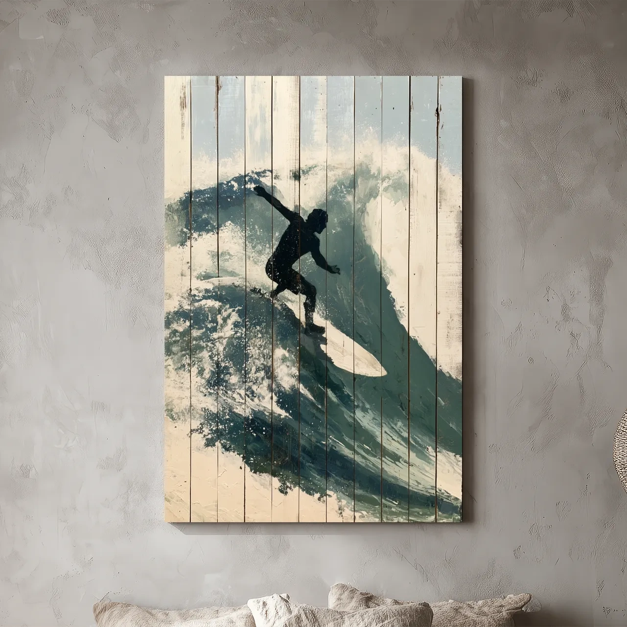 Surfer Silhouette Riding Wave Painting - Rustic Coastal Wall Art